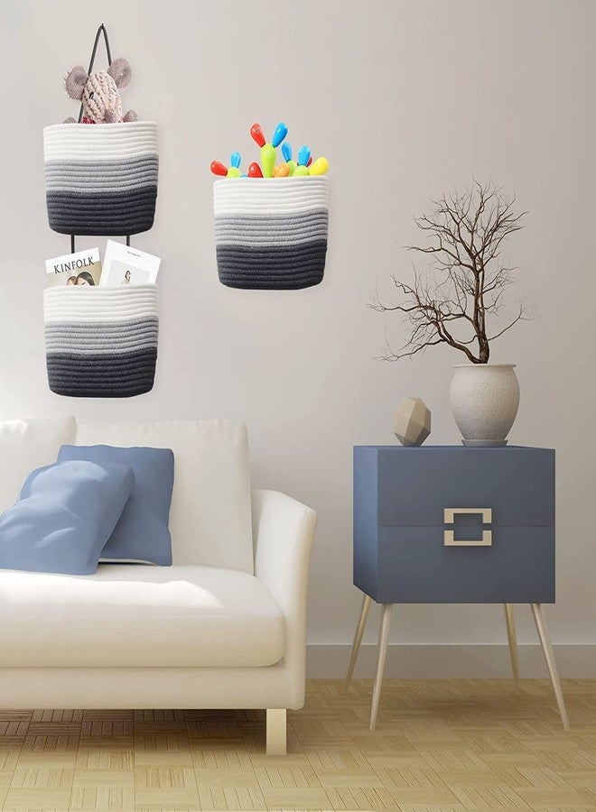 Gleckn Small Basket Cotton Rope Basket With Cat Ears Little Storage Baskets For Organizing Bins Organizer Wicker Nursery Room For Kids Baby Dog Toy Drawer Gifts 9.5"X8.5"X4" (Mix-Grey, 3-Tier) - Image 3