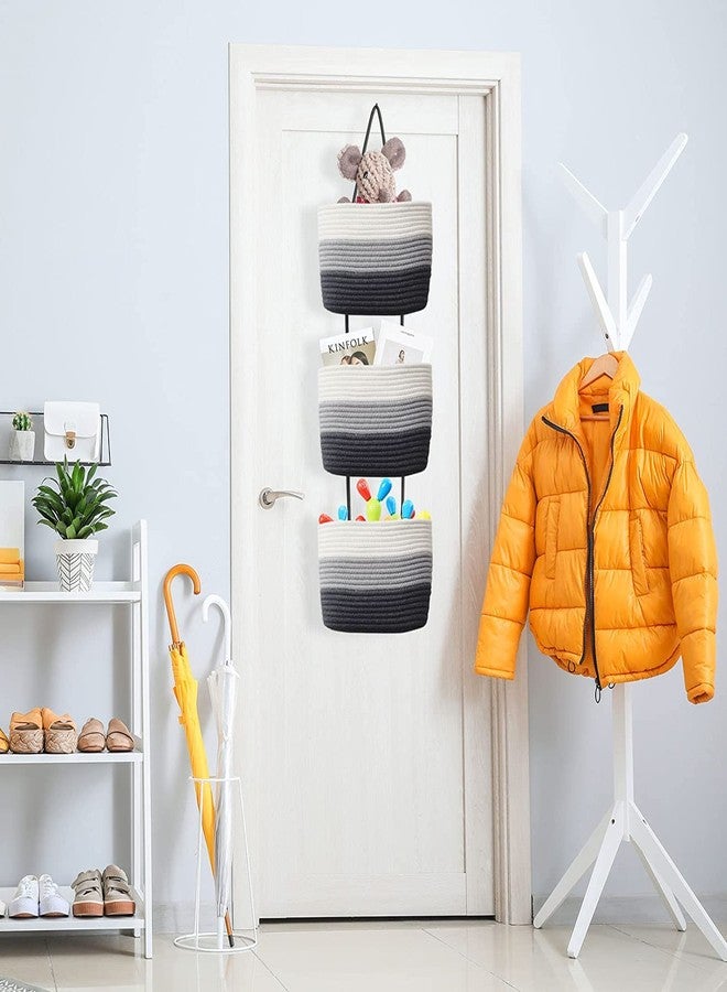 Gleckn Small Basket Cotton Rope Basket With Cat Ears Little Storage Baskets For Organizing Bins Organizer Wicker Nursery Room For Kids Baby Dog Toy Drawer Gifts 9.5"X8.5"X4" (Mix-Grey, 3-Tier) - Image 4
