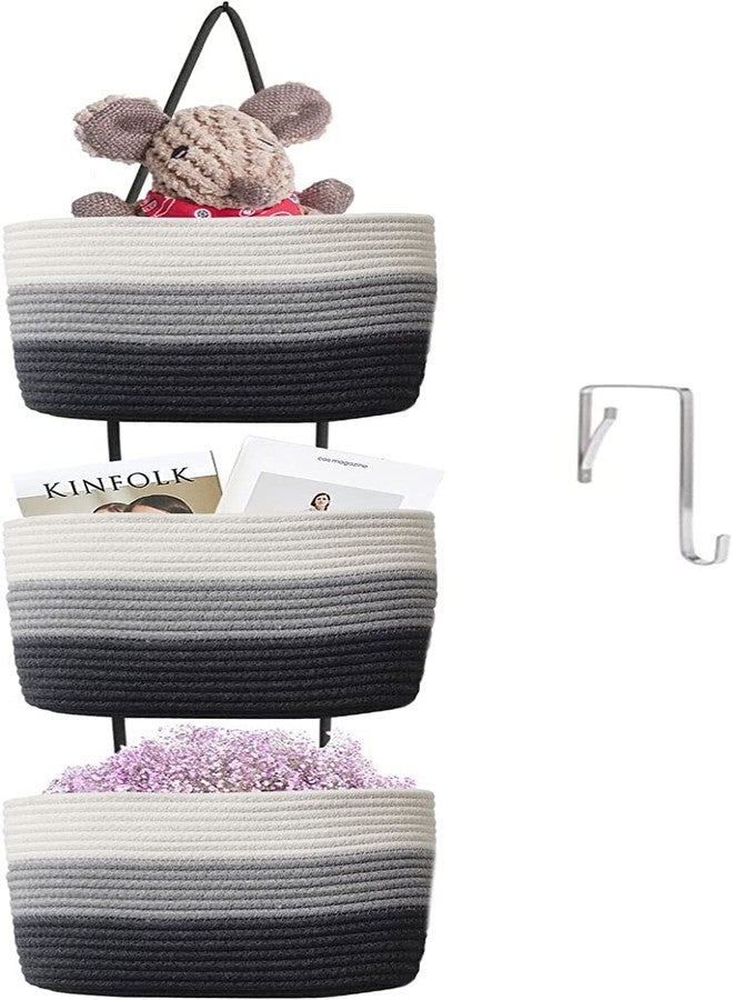 Gleckn Small Basket Cotton Rope Basket With Cat Ears Little Storage Baskets For Organizing Bins Organizer Wicker Nursery Room For Kids Baby Dog Toy Drawer Gifts 9.5"X8.5"X4" (Mix-Grey, 3-Tier) - Image 1
