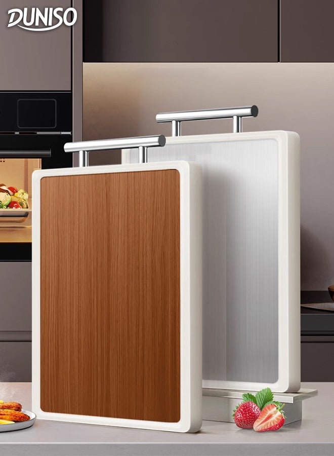 DUNISO Double-Sided Stainless Steel Cutting Board 2 in 1 Food Grade Chopping Board Double Sided Stainless Steel and Wooden Food-Grade Chopping Board for Kitchen Meat Vegetables Large Chopping Board with Handle - Image 1