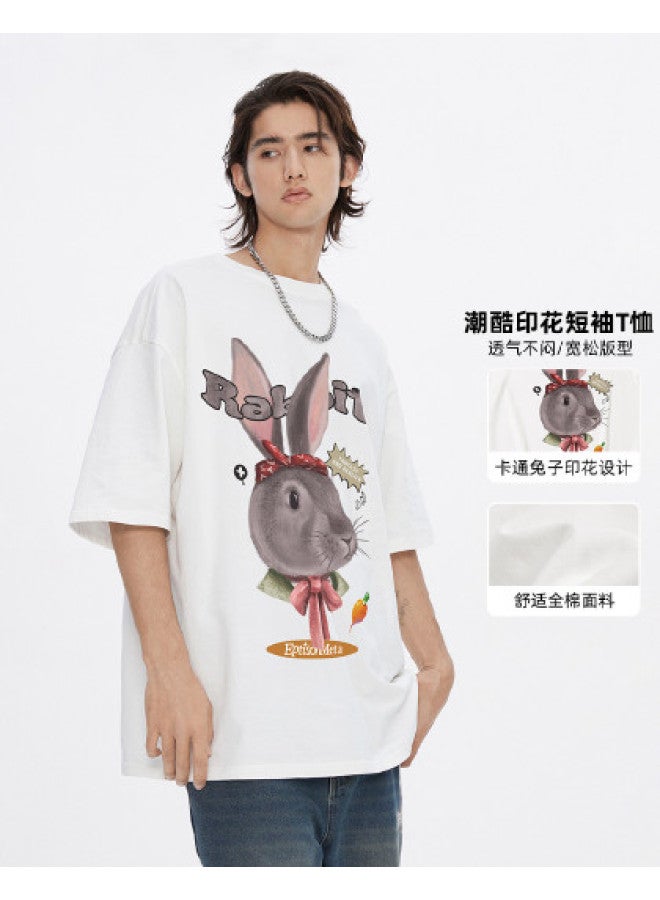 EPTISON Summer Unisex Cotton Cute Bunny Print Slim-fit Round Neck Short Sleeve T-shirt For Women - Image 1