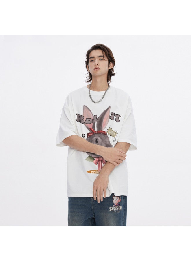 EPTISON Summer Unisex Cotton Cute Bunny Print Slim-fit Round Neck Short Sleeve T-shirt For Women - Image 3