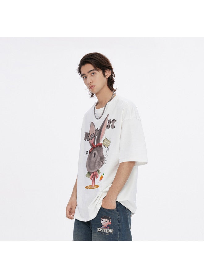 EPTISON Summer Unisex Cotton Cute Bunny Print Slim-fit Round Neck Short Sleeve T-shirt For Women - Image 4