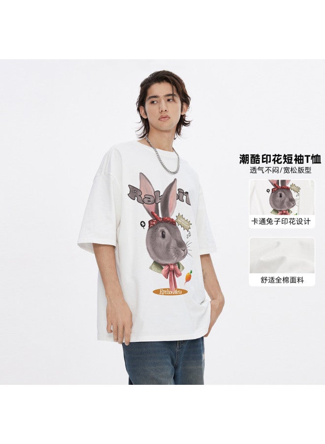 EPTISON Summer Unisex Cotton Cute Bunny Print Slim-fit Round Neck Short Sleeve T-shirt For Women - Image 2
