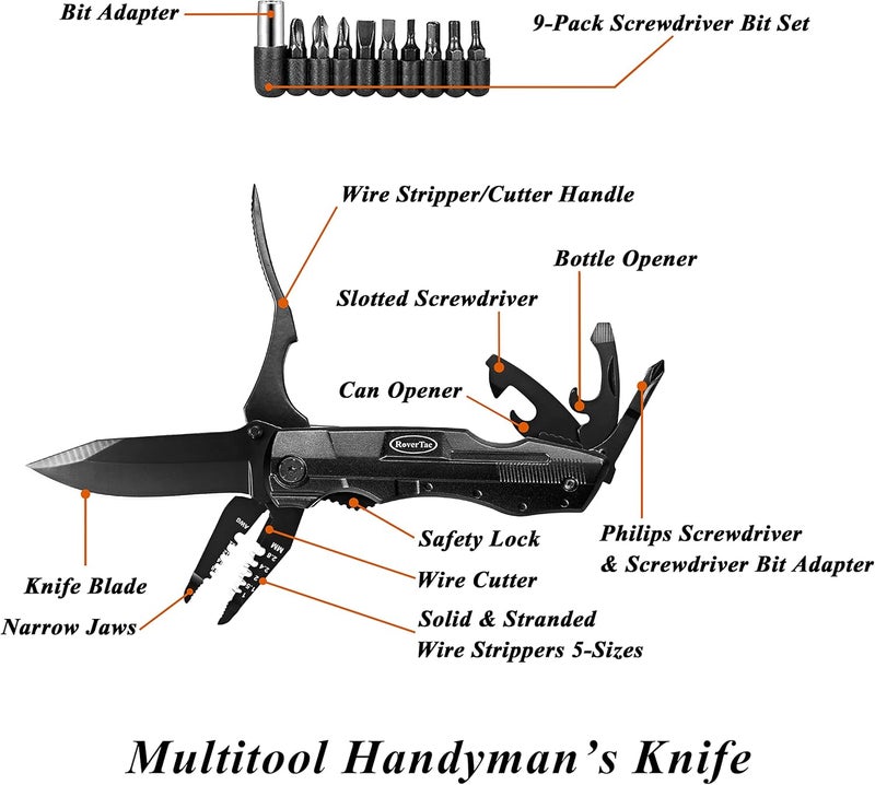 RoverTac Multitool Knife – 15-in-1 Pocket Knife with Wire Strippers, Wire Cutter, 9 Screwdrivers, Bottle Opener – Perfect Gifts for Men, Dad – Camping Gear for Christmas, Father’s Day, Birthdays - Image 2