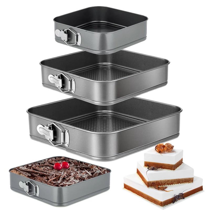 GZMAISULEE Springform Cake Pan Set of 3 4 7 9 Inch Square Leakproof Nonstick Cheesecake Pans with Removable Bottom Carbon Steel Bakeware - Image 2