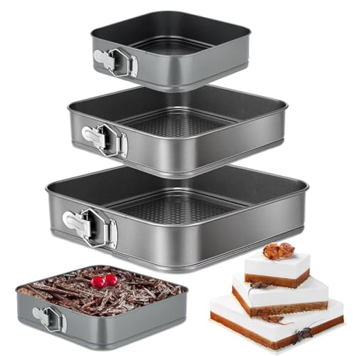 GZMAISULEE Springform Cake Pan Set of 3 4 7 9 Inch Square Leakproof Nonstick Cheesecake Pans with Removable Bottom Carbon Steel Bakeware - Image 1