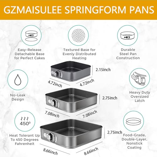 GZMAISULEE Springform Cake Pan Set of 3 4 7 9 Inch Square Leakproof Nonstick Cheesecake Pans with Removable Bottom Carbon Steel Bakeware - Image 3