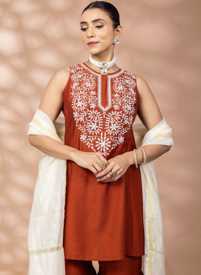 WineRed Rust Embroidered Kurta with Sharara and Dupatta Set - Image 3