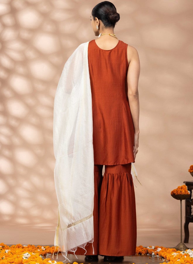 WineRed Rust Embroidered Kurta with Sharara and Dupatta Set - Image 4