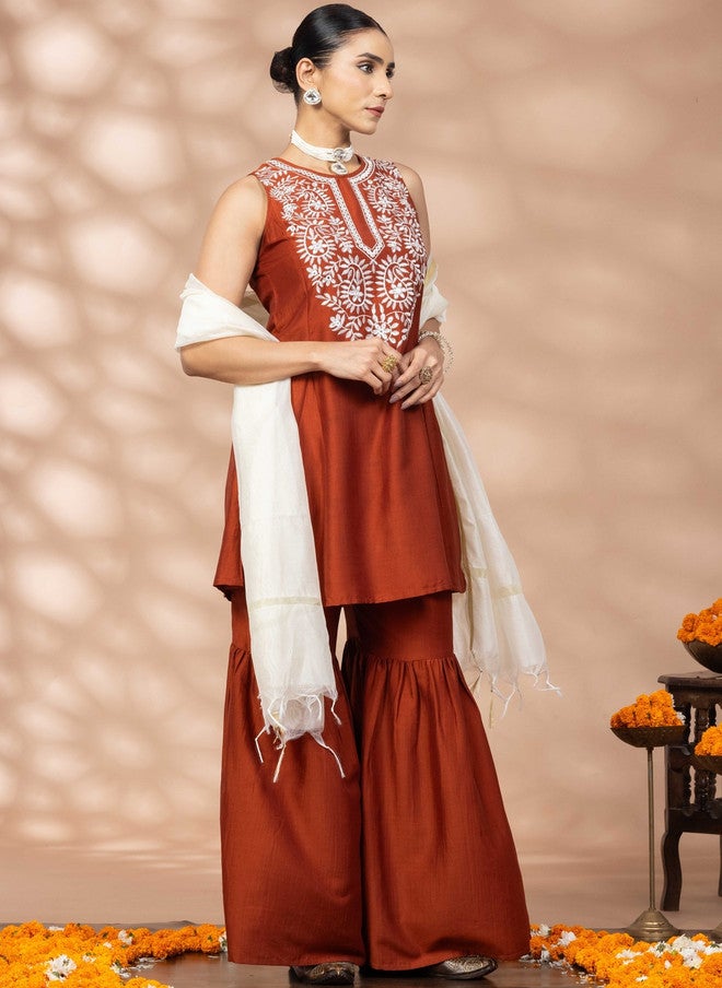 WineRed Rust Embroidered Kurta with Sharara and Dupatta Set - Image 5