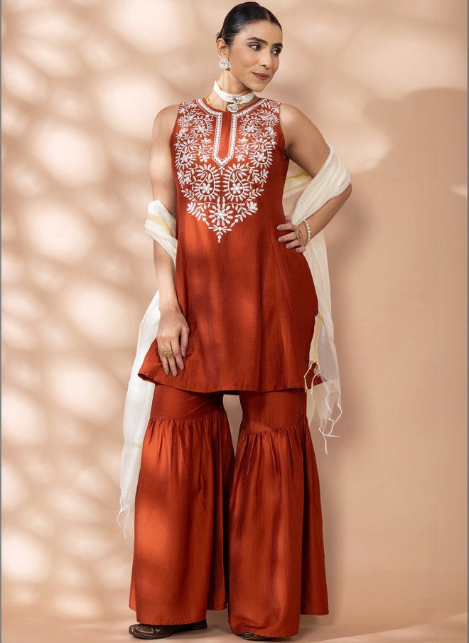 WineRed Rust Embroidered Kurta with Sharara and Dupatta Set - Image 1