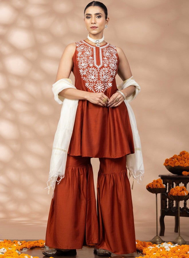 WineRed Rust Embroidered Kurta with Sharara and Dupatta Set - Image 2