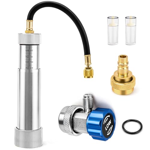 CMOOD R134A R1234YF AC Oil Injector Tool AC Dye Injector Kit with R134a Adjustable Quick Coupler, R1234YF Quick Coupler and 2 Oil Checkers, AC Oil Dye Injector Kit for R134A R1234YF Refrigerant System - Image 1