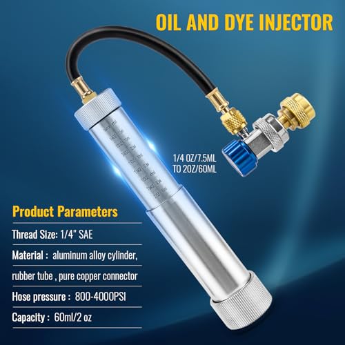 CMOOD R134A R1234YF AC Oil Injector Tool AC Dye Injector Kit with R134a Adjustable Quick Coupler, R1234YF Quick Coupler and 2 Oil Checkers, AC Oil Dye Injector Kit for R134A R1234YF Refrigerant System - Image 2