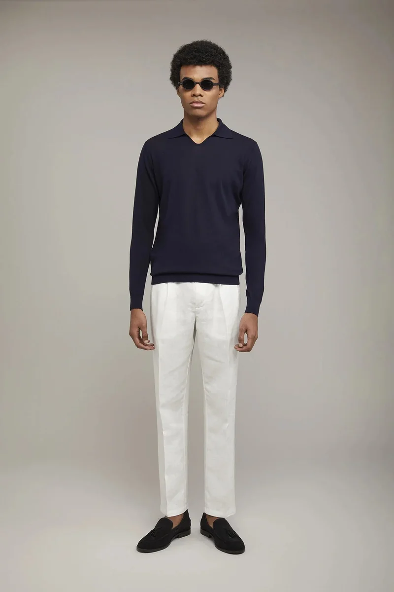 دوبل غانغر Men's knitted polo V collar 100% cotton long-sleeved regular fit - Navy Blue