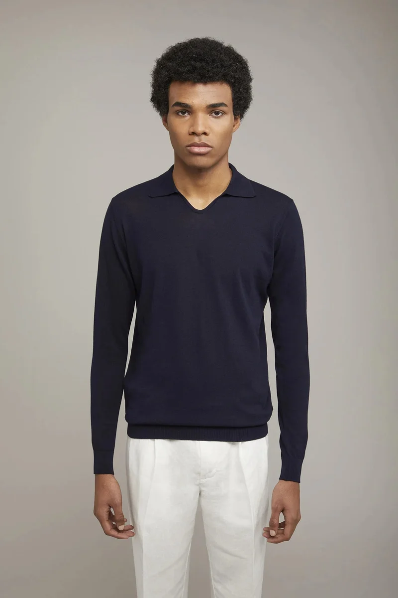 دوبل غانغر Men's knitted polo V collar 100% cotton long-sleeved regular fit - Navy Blue