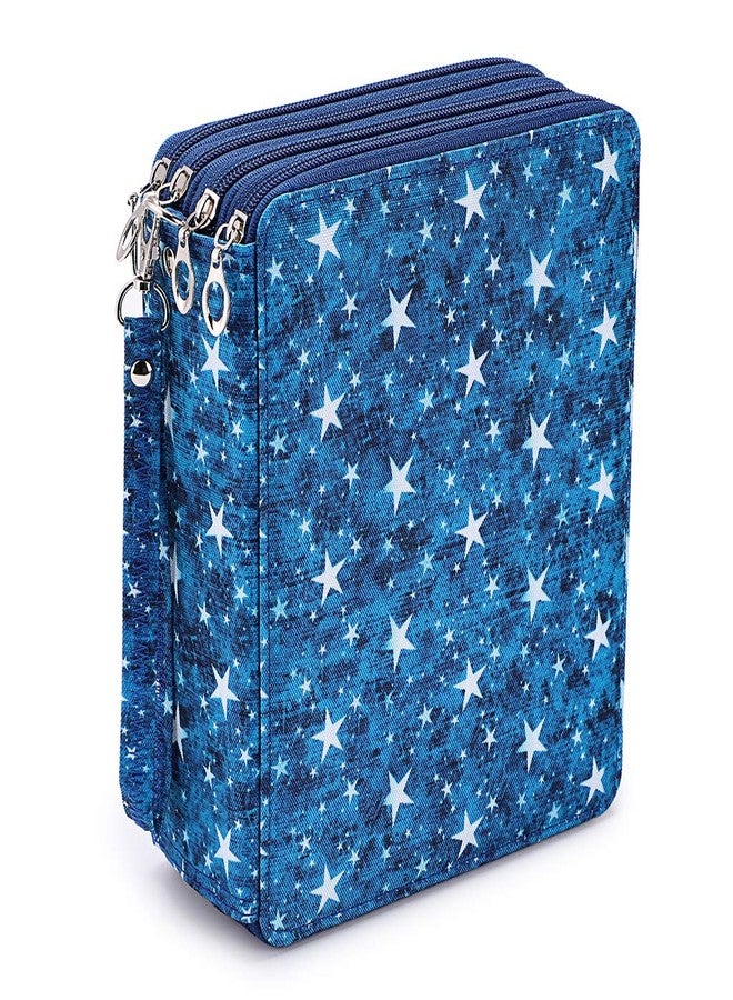 BTSKY Colored Pencil Case- 160 Slots Pencil Holder Pen Bag Large Capacity Pencils Organizer with Handle Strap Handy Colored Pen Box with Printing Pattern Blue Star - Image 1