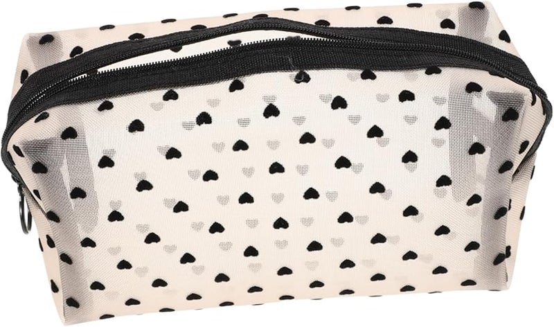 Large Capacity Heart Print Travel Toiletries Organizer Bag Portable Mesh Cosmetic Pouch For Women - Image 1
