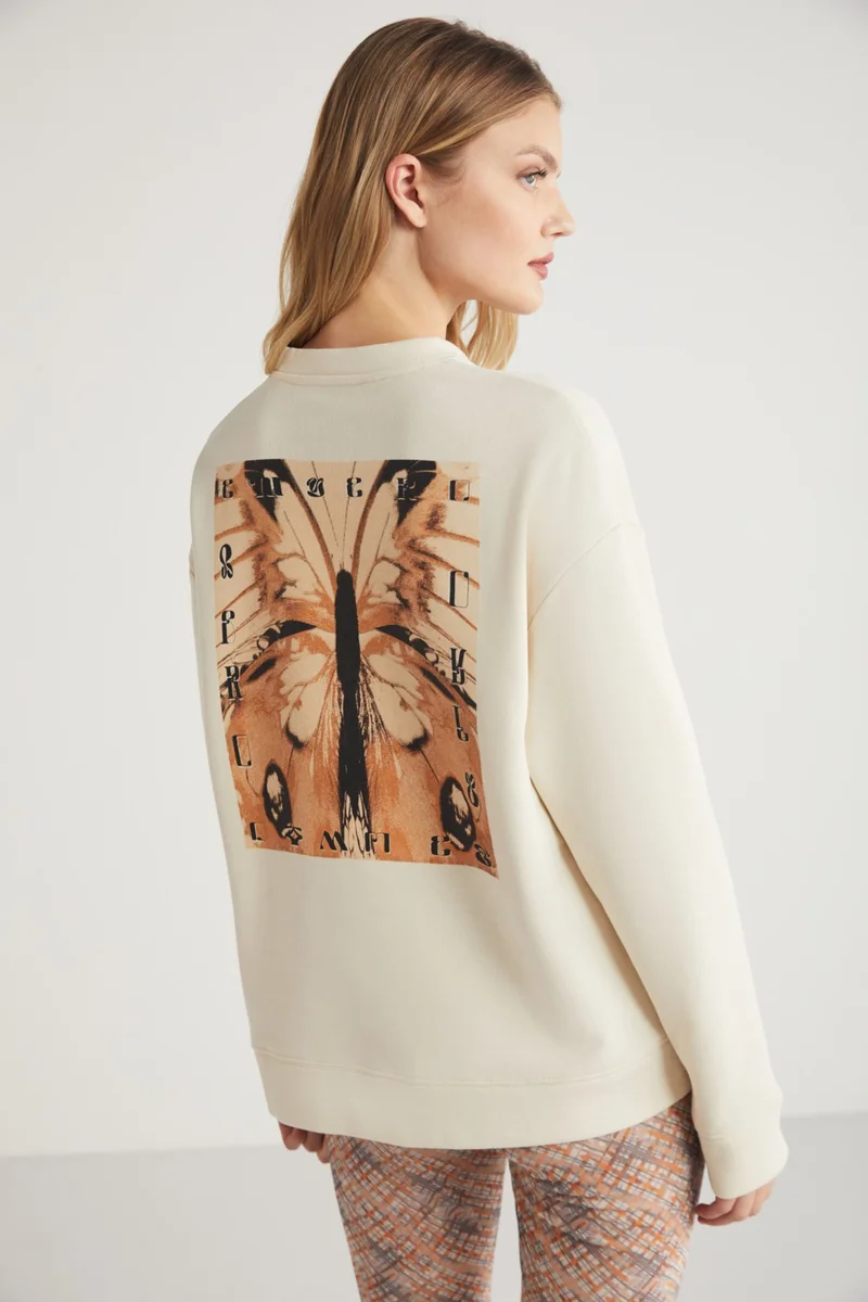 GRIMELANGE Hetty Women's Crew Neck 100% Cotton Long Sleeve Front and Back Print Detail Vanilla Sweatshirt