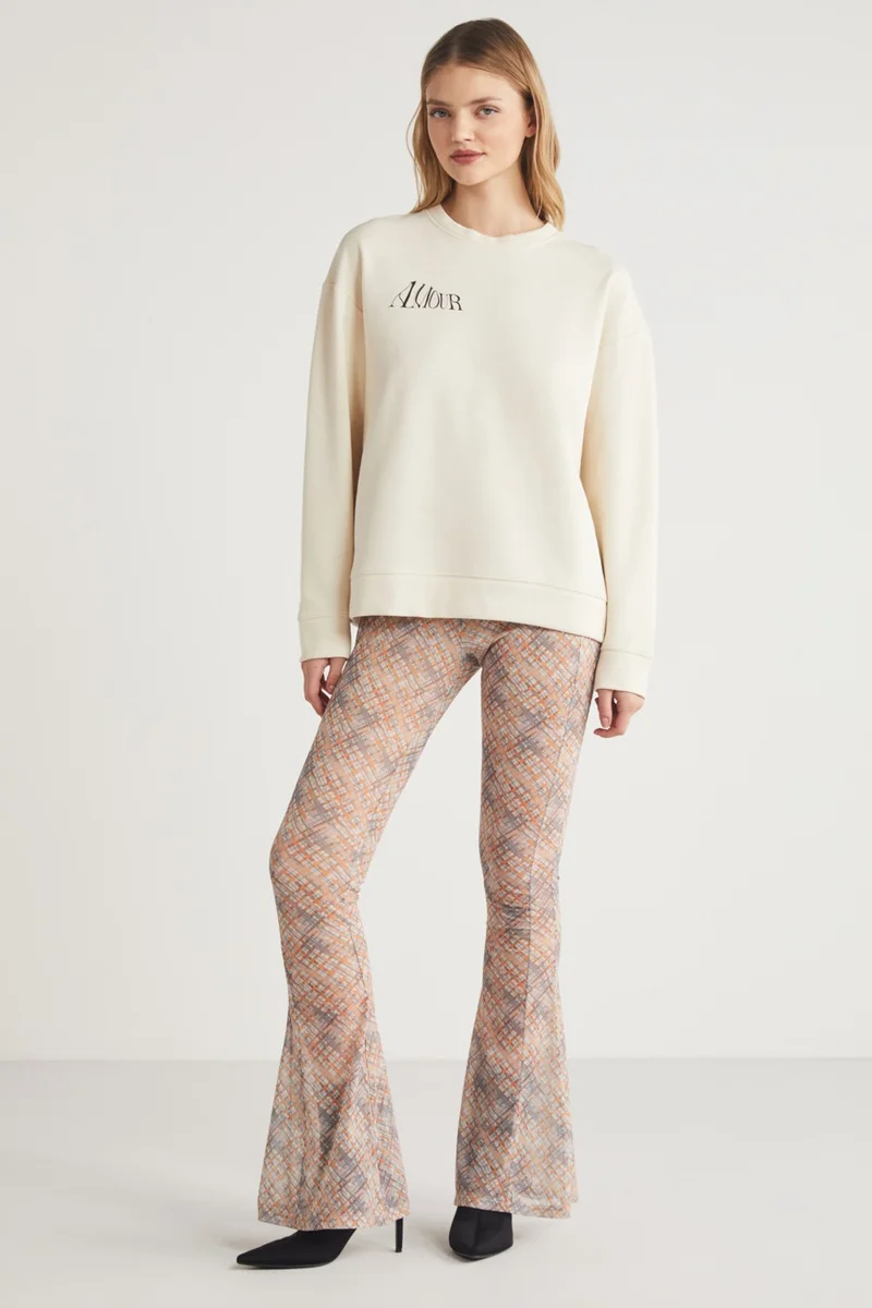 GRIMELANGE Hetty Women's Crew Neck 100% Cotton Long Sleeve Front and Back Print Detail Vanilla Sweatshirt