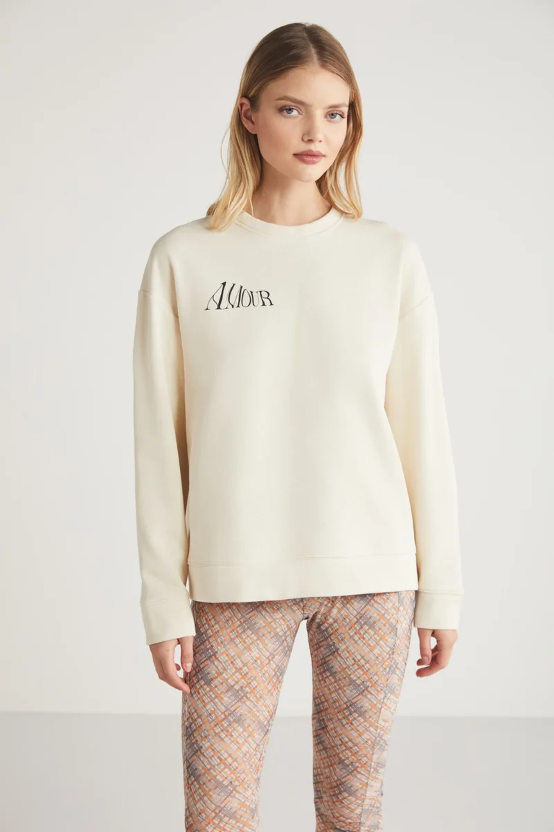 GRIMELANGE Hetty Women's Crew Neck 100% Cotton Long Sleeve Front and Back Print Detail Vanilla Sweatshirt