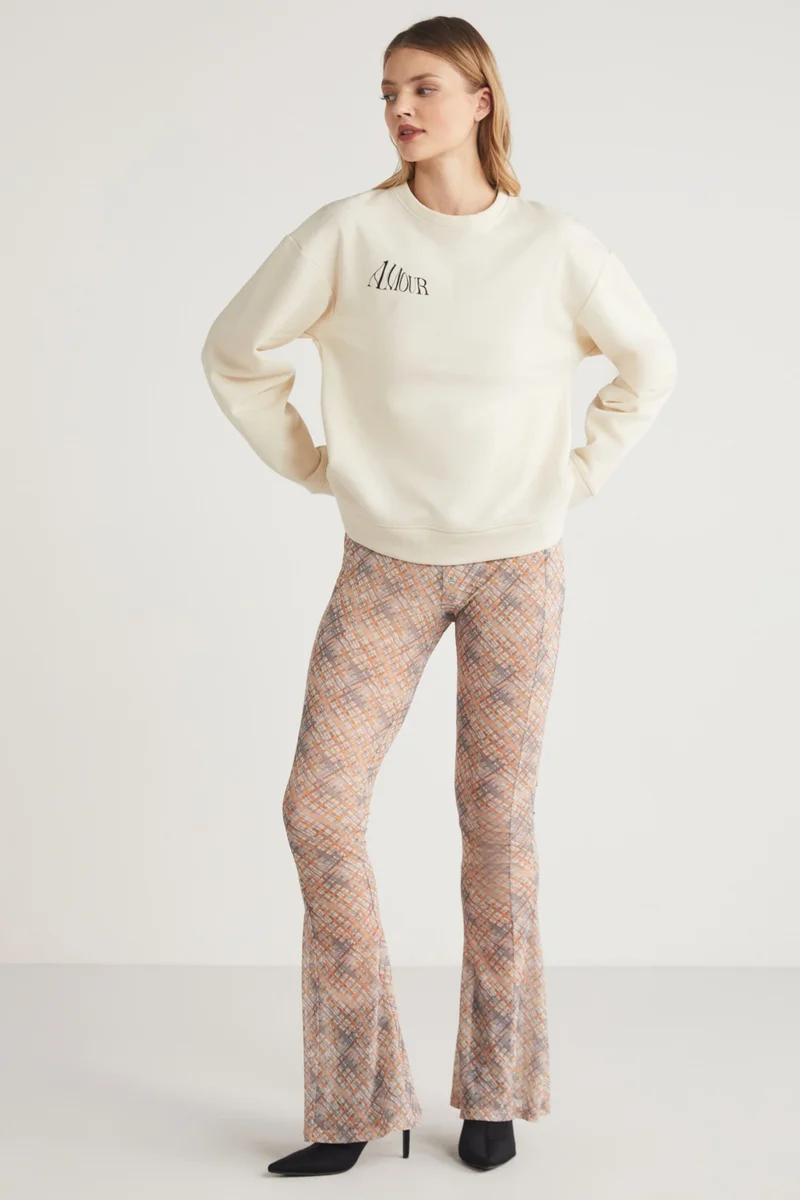 GRIMELANGE Hetty Women's Crew Neck 100% Cotton Long Sleeve Front and Back Print Detail Vanilla Sweatshirt
