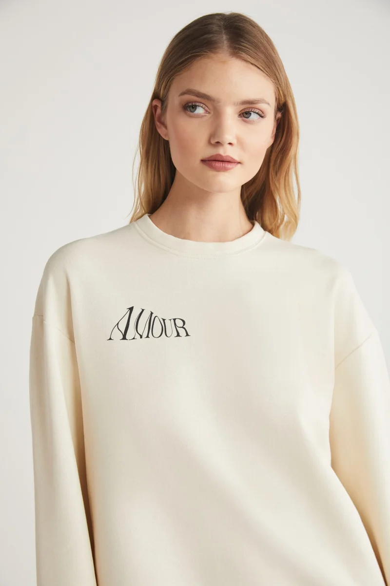 GRIMELANGE Hetty Women's Crew Neck 100% Cotton Long Sleeve Front and Back Print Detail Vanilla Sweatshirt