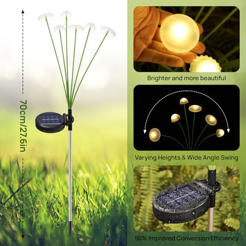 Rieyue Solar Garden Lights 2Pack Dual Mode LED Solar Mushroom Lights Waterproof Firefly Outdoor Decor for Yard Patio and Pathway Warm White Jellyfish Ambiance - Image 3