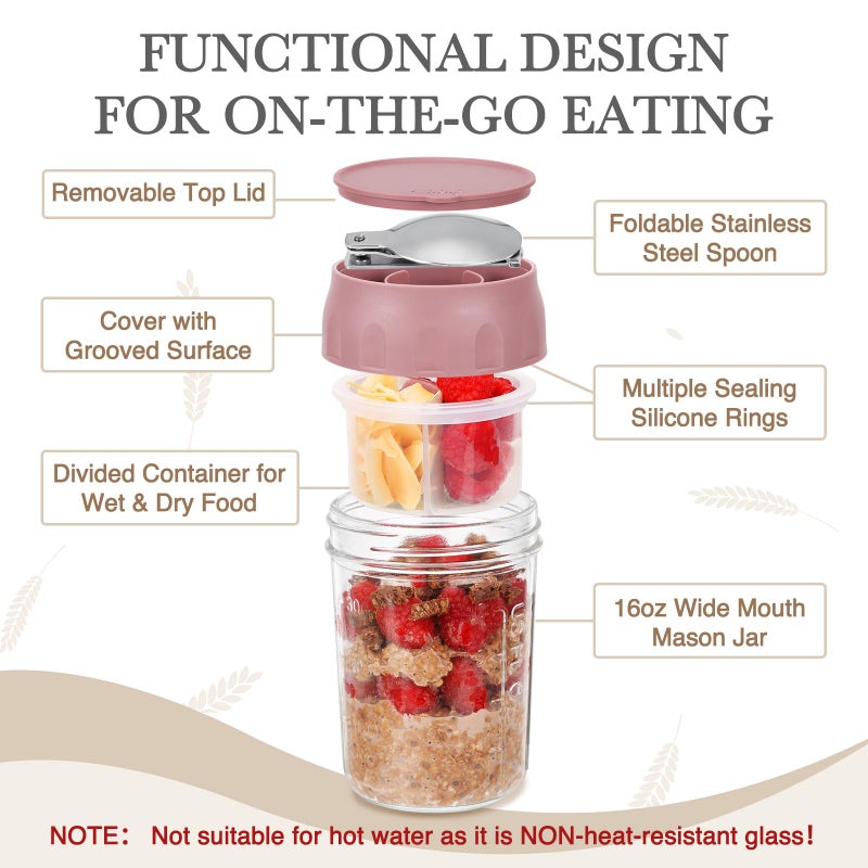SOLIGT 2 Pack Overnight Oats Containers with Lids, Folding Spoons and Divided Compartments for Fruit & Nuts, Small Glass 16oz Mason Jars for Oatmeal Yogurt Parfait (2 Set-Oat White/Rose Pink) - Image 3