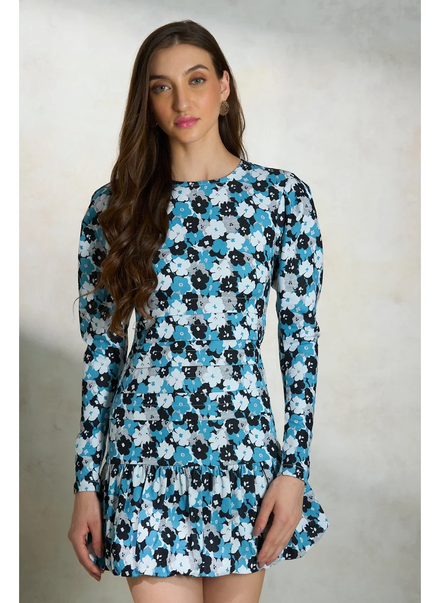 Virgio Virgio Floral Printed Round Neck Gathered Cotton A-Line Dress