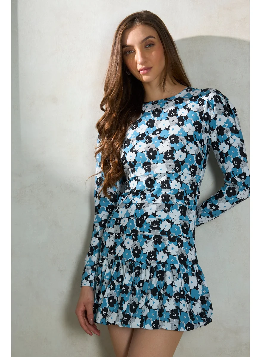 Virgio Virgio Floral Printed Round Neck Gathered Cotton A-Line Dress
