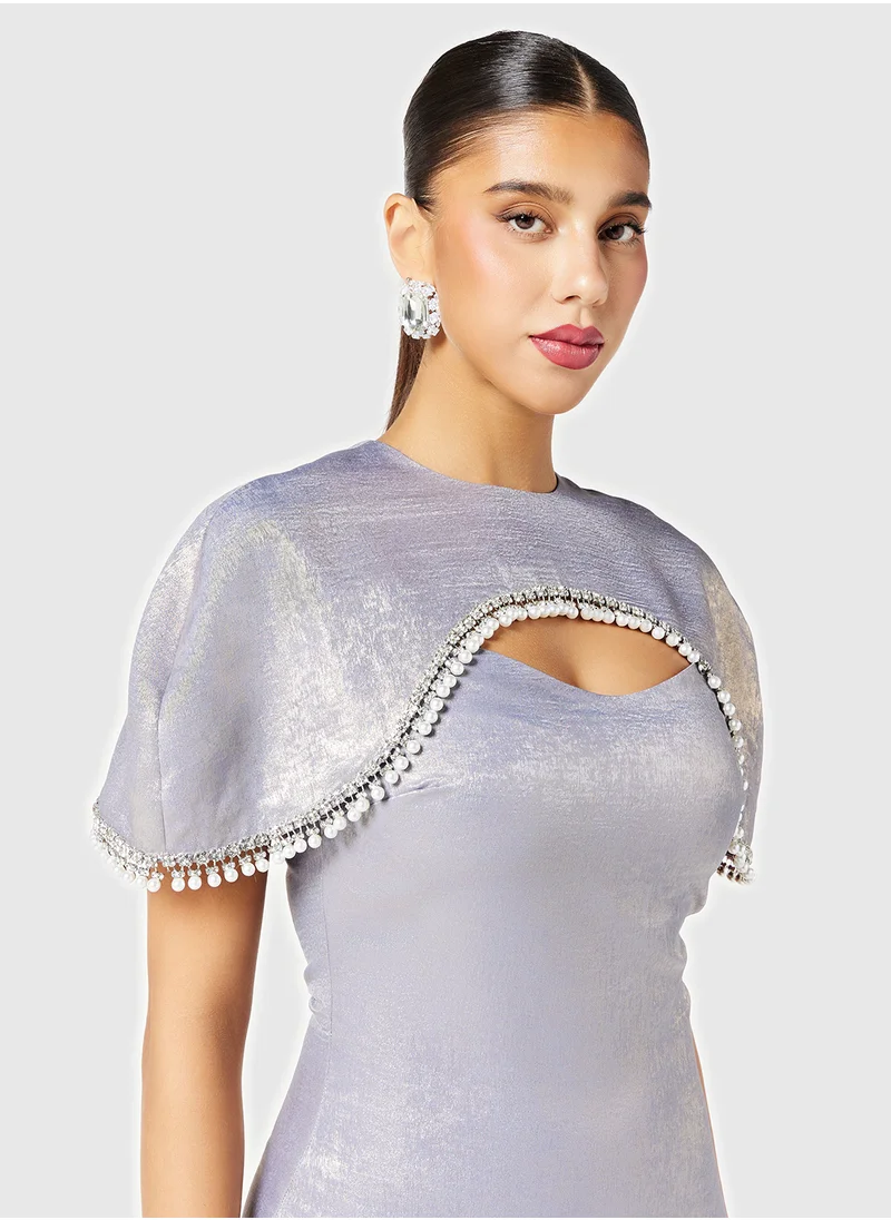 Threadz by Ajooni Cape Cut-Out Metallic Pleated Dress