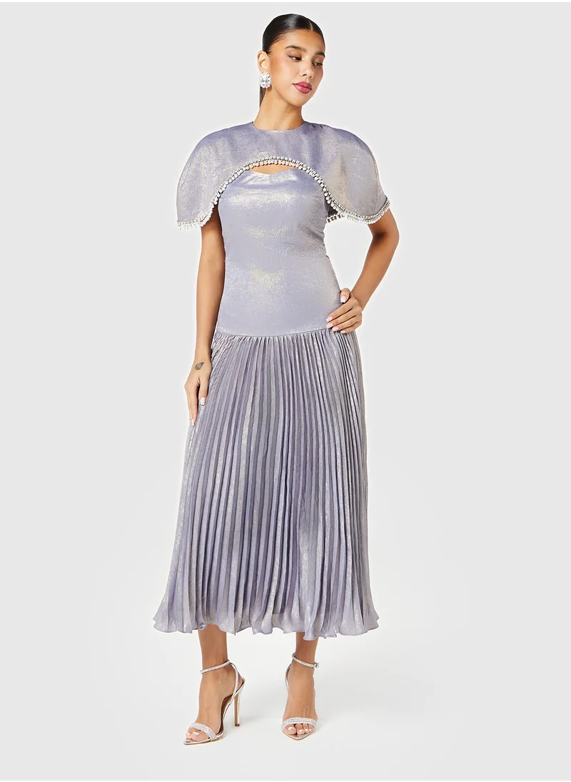 Threadz by Ajooni Cape Cut-Out Metallic Pleated Dress