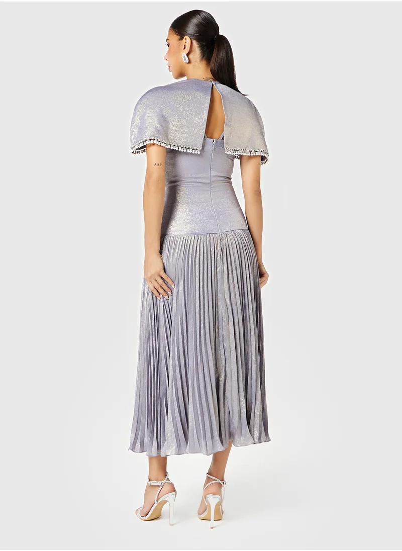 Threadz by Ajooni Cape Cut-Out Metallic Pleated Dress