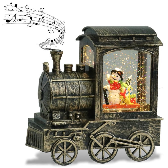 MUSIC SNOW GLOBE TRAIN LANTERN WITH MUSIC AND TIMER BATTERY OPERATED AND USB CABLE SNOWMAN LIGHTED SNOW GLOBE SPINNING WATER GLITTER BRONZE USB INCLUDED