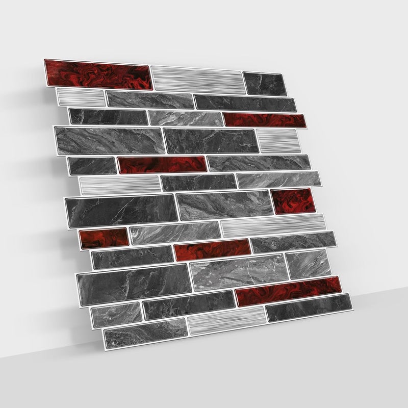 Alwayspon 10 Sheets 12" x12inch Black and Red Marble Effect Vinyl Tiles, Backsplash, Self-Adhesive Peel and Stick Wall Tile Stickers, Stick on Subway Tiles for Kitchen Bathroom Wall Decor - Image 5