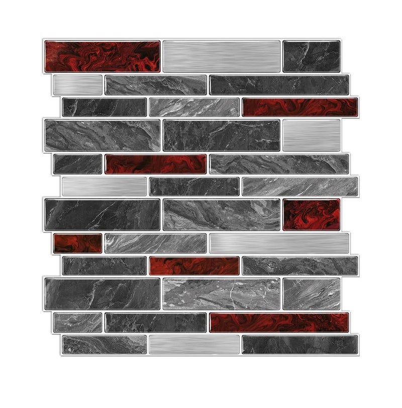 Alwayspon 10 Sheets 12" x12inch Black and Red Marble Effect Vinyl Tiles, Backsplash, Self-Adhesive Peel and Stick Wall Tile Stickers, Stick on Subway Tiles for Kitchen Bathroom Wall Decor - Image 1