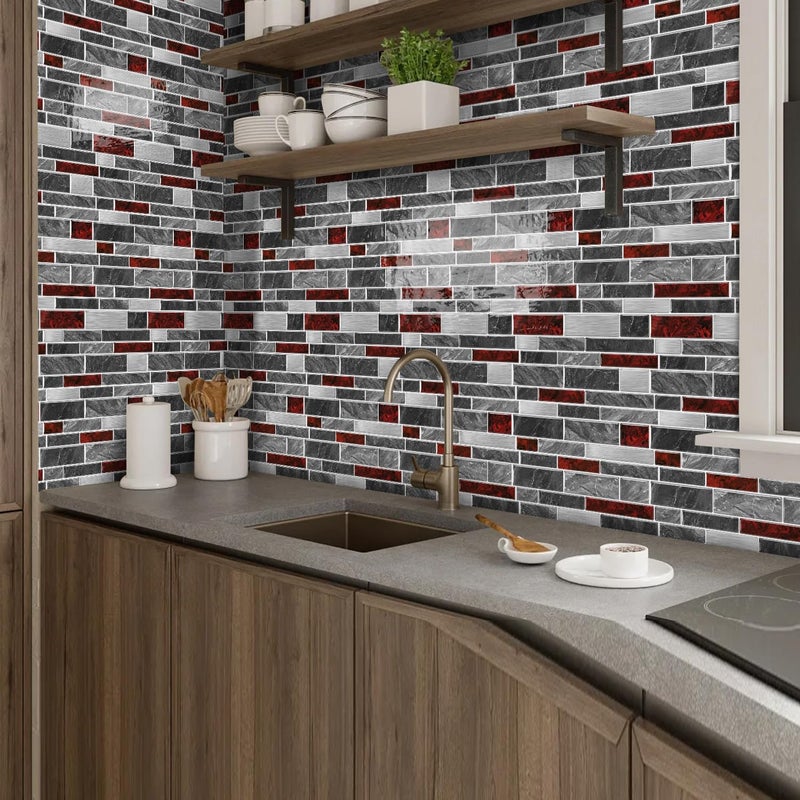 Alwayspon 10 Sheets 12" x12inch Black and Red Marble Effect Vinyl Tiles, Backsplash, Self-Adhesive Peel and Stick Wall Tile Stickers, Stick on Subway Tiles for Kitchen Bathroom Wall Decor - Image 4