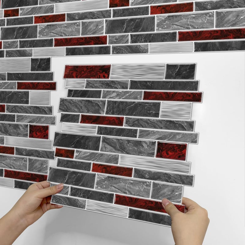 Alwayspon 10 Sheets 12" x12inch Black and Red Marble Effect Vinyl Tiles, Backsplash, Self-Adhesive Peel and Stick Wall Tile Stickers, Stick on Subway Tiles for Kitchen Bathroom Wall Decor - Image 2