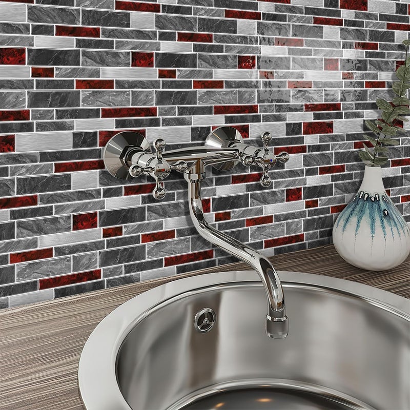 Alwayspon 10 Sheets 12" x12inch Black and Red Marble Effect Vinyl Tiles, Backsplash, Self-Adhesive Peel and Stick Wall Tile Stickers, Stick on Subway Tiles for Kitchen Bathroom Wall Decor - Image 3