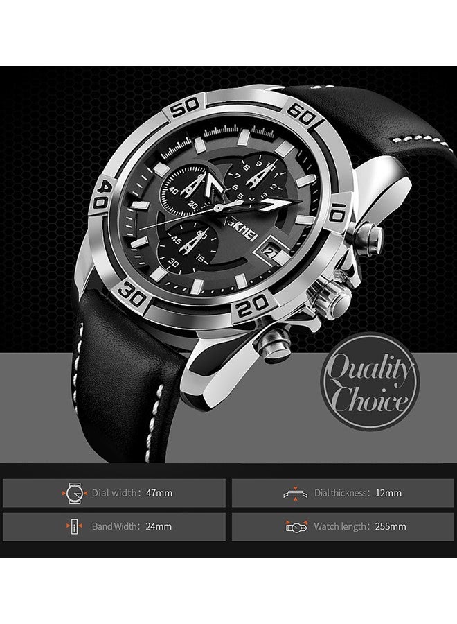 SKMEI Men Sport Quartz Waterproof Wrist Watch Black Leather Chronograph 9156 - Image 4