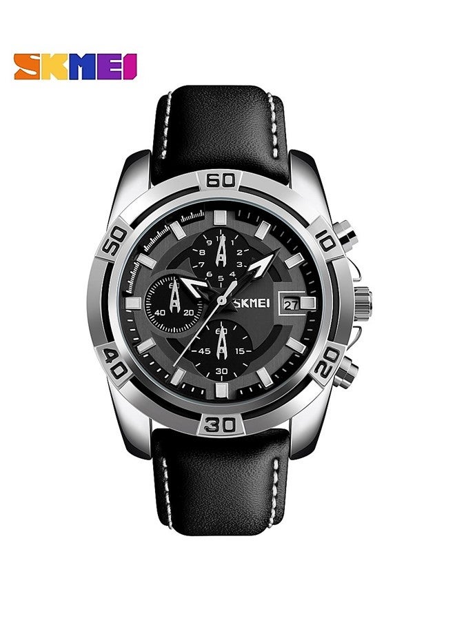 SKMEI Men Sport Quartz Waterproof Wrist Watch Black Leather Chronograph 9156 - Image 1