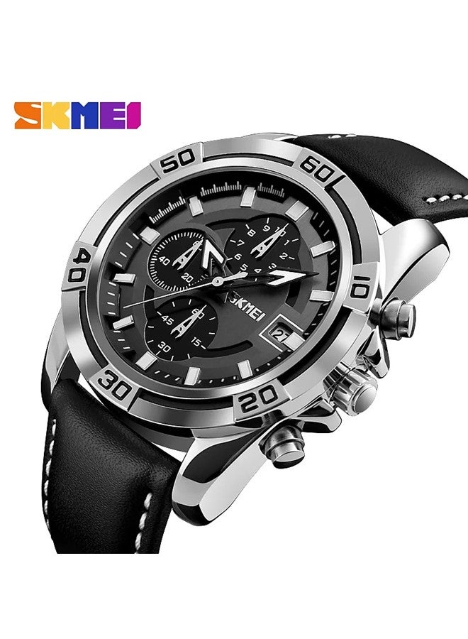 SKMEI Men Sport Quartz Waterproof Wrist Watch Black Leather Chronograph 9156 - Image 2