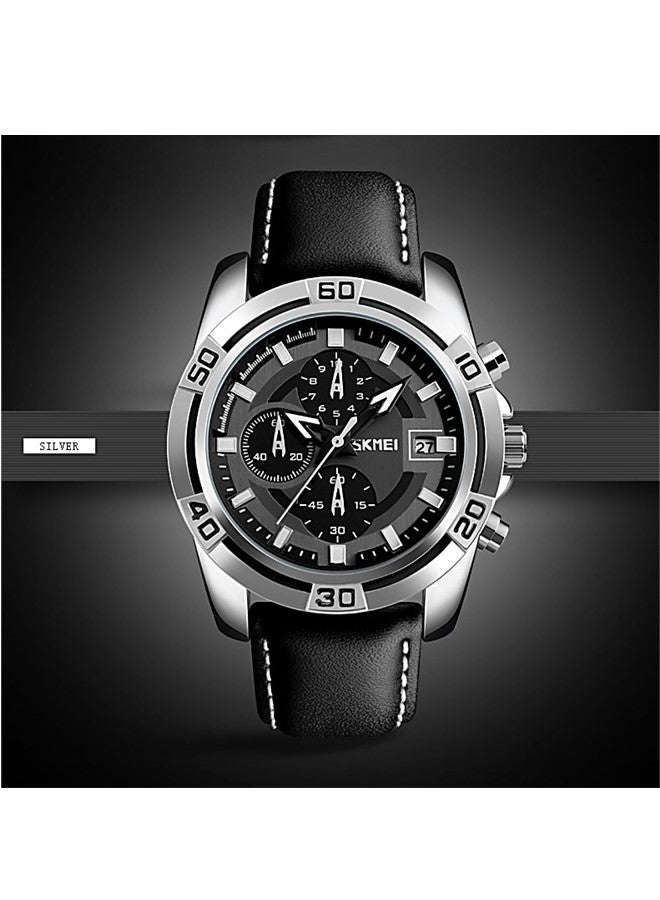 SKMEI Men Sport Quartz Waterproof Wrist Watch Black Leather Chronograph 9156 - Image 5