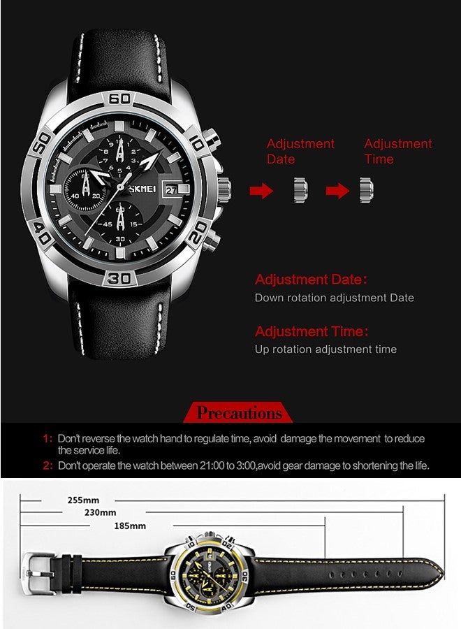 SKMEI Men Sport Quartz Waterproof Wrist Watch Black Leather Chronograph 9156 - Image 3