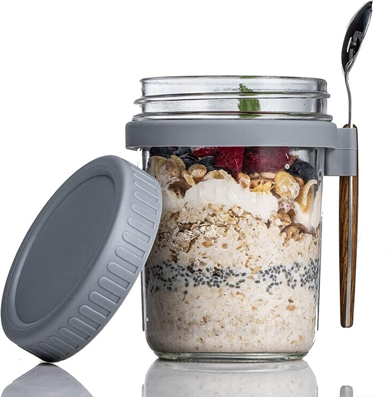 VILON 350ML Oats Container set of 1 with Lids & Spoon, Leak-Proof Glass Mason Jar for Overnight Oats, Cereal, Fruit, Milk, Salad, Yogurt (Random Color) - Image 1