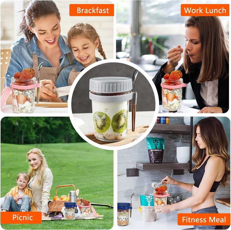 VILON 350ML Oats Container set of 1 with Lids & Spoon, Leak-Proof Glass Mason Jar for Overnight Oats, Cereal, Fruit, Milk, Salad, Yogurt (Random Color) - Image 4