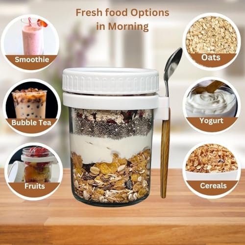 VILON 350ML Oats Container set of 1 with Lids & Spoon, Leak-Proof Glass Mason Jar for Overnight Oats, Cereal, Fruit, Milk, Salad, Yogurt (Random Color) - Image 3