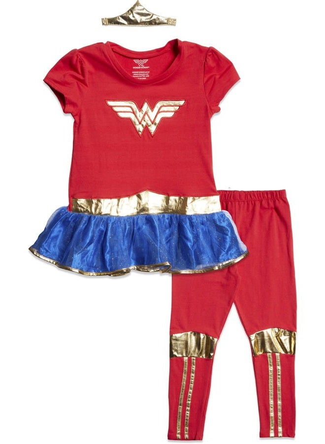 DC Comics Wonder Woman Little Girls Costume Peplum T-Shirt Headband & Leggings Set 6-6X - Image 1